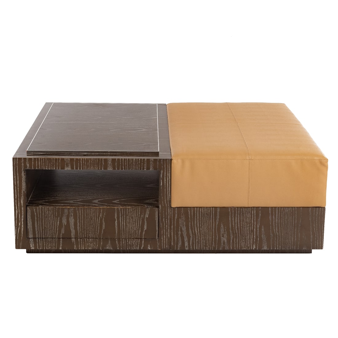 Contemporary Wood & Leather Coffee Table: With chrome embellishments, 18 1/2 in. H, 52 1/2 in. W, 33 in. D