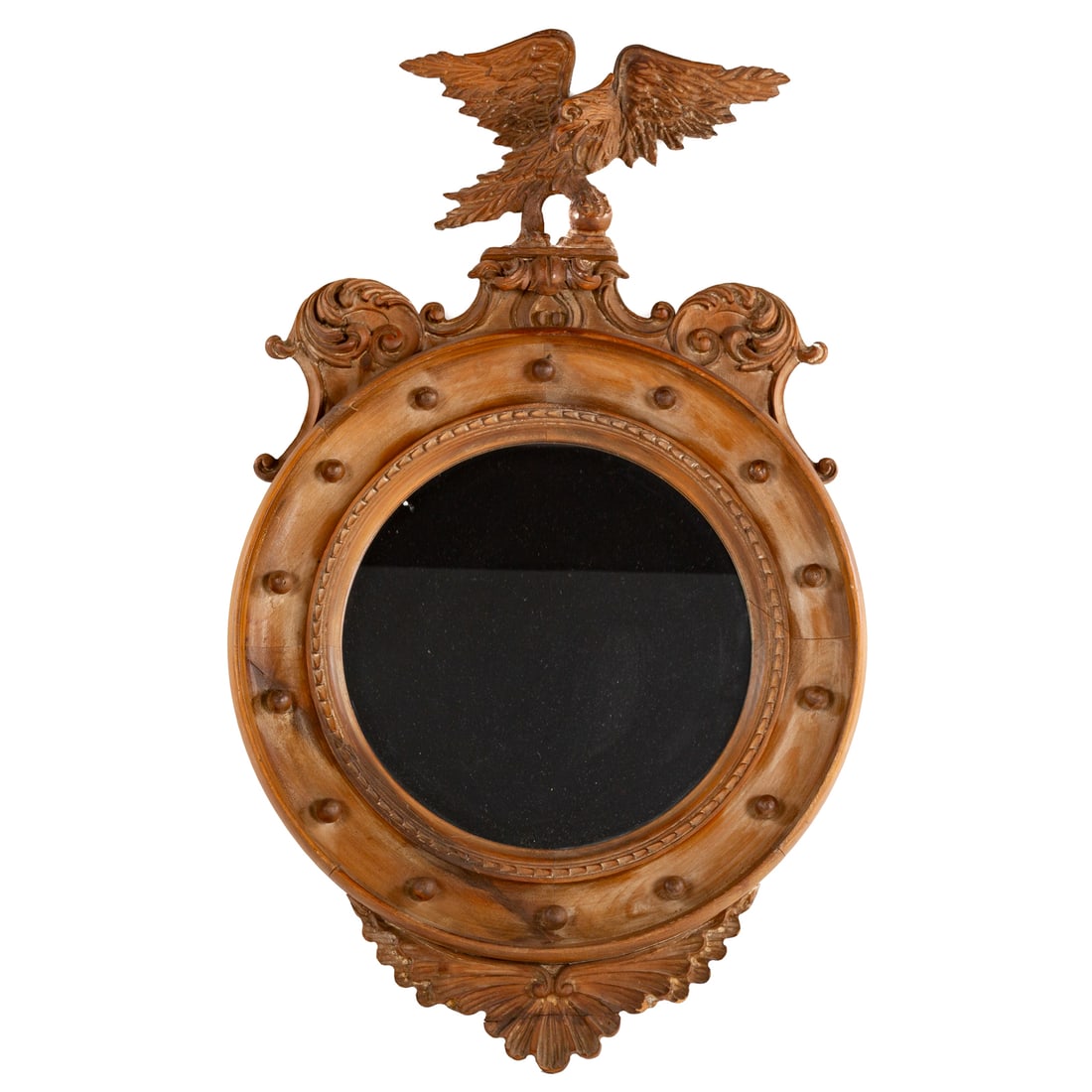 Federal Style Carved Eagle Mirror: With carved eagle over a circular non-convex mirror, stamped "Made in Italy" on verso, 42 in. H, 26 in. W, 3 in. D