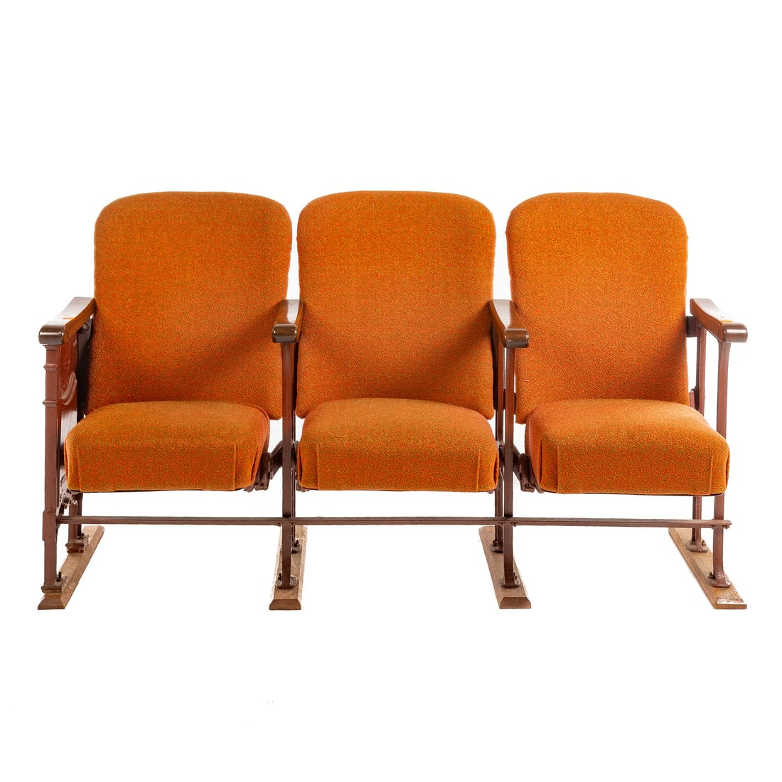 Three Connected Art Deco Vintage Theater Seats: American Seating Co., painted cast iron frames with wooden arms, upholstered backs and folding seats, 33 1/2 in. H, 61 1/2 in. W, 23 in. D