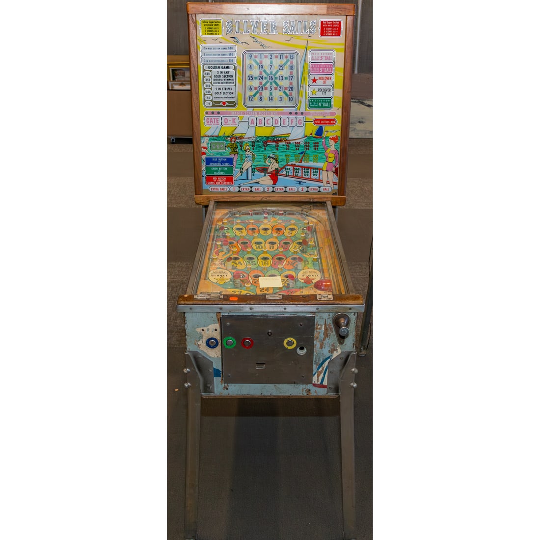 Bally's 1962 "Silver Sails" Pinball Machine: 75 in. H, 28 in. W, 60 in. D Provenance: From a Baltimore Collector, Known Locally as the "Pinball Wizard"