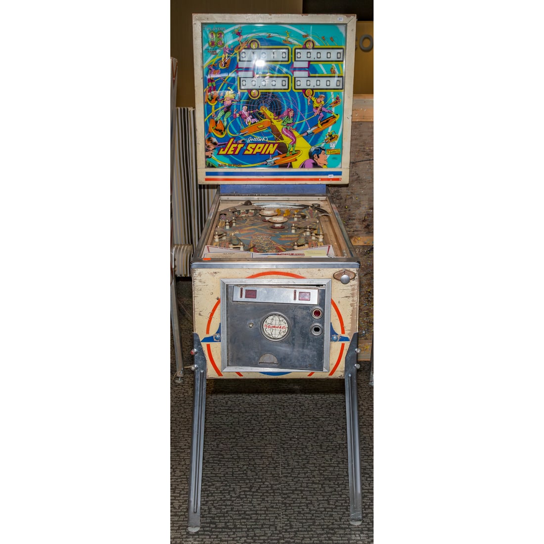Gottlieb's Vintage 1977 Jet Spin Pinball Machine: 74 in. H, 28 1/2 in. W, 54 in. D Provenance: From a Baltimore Collector, Known Locally as the "Pinball Wizard"