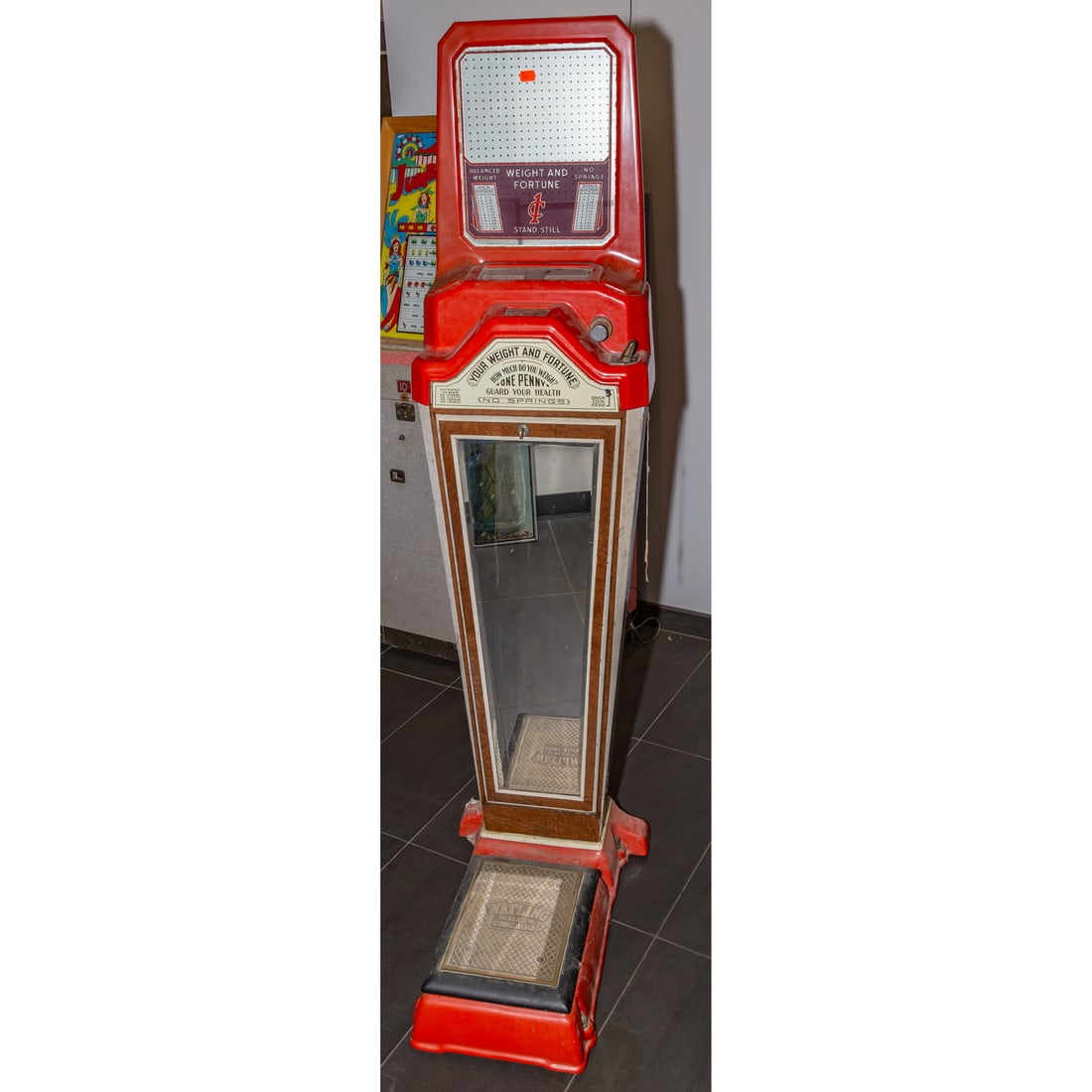 Watling Scale Co. Vintage Weight & Fortune Scale: 64 1/2 in. H, 16 in. W, 8 1/2 in. D Provenance: From a Baltimore Collector, Known Locally as the "Pinball Wizard"