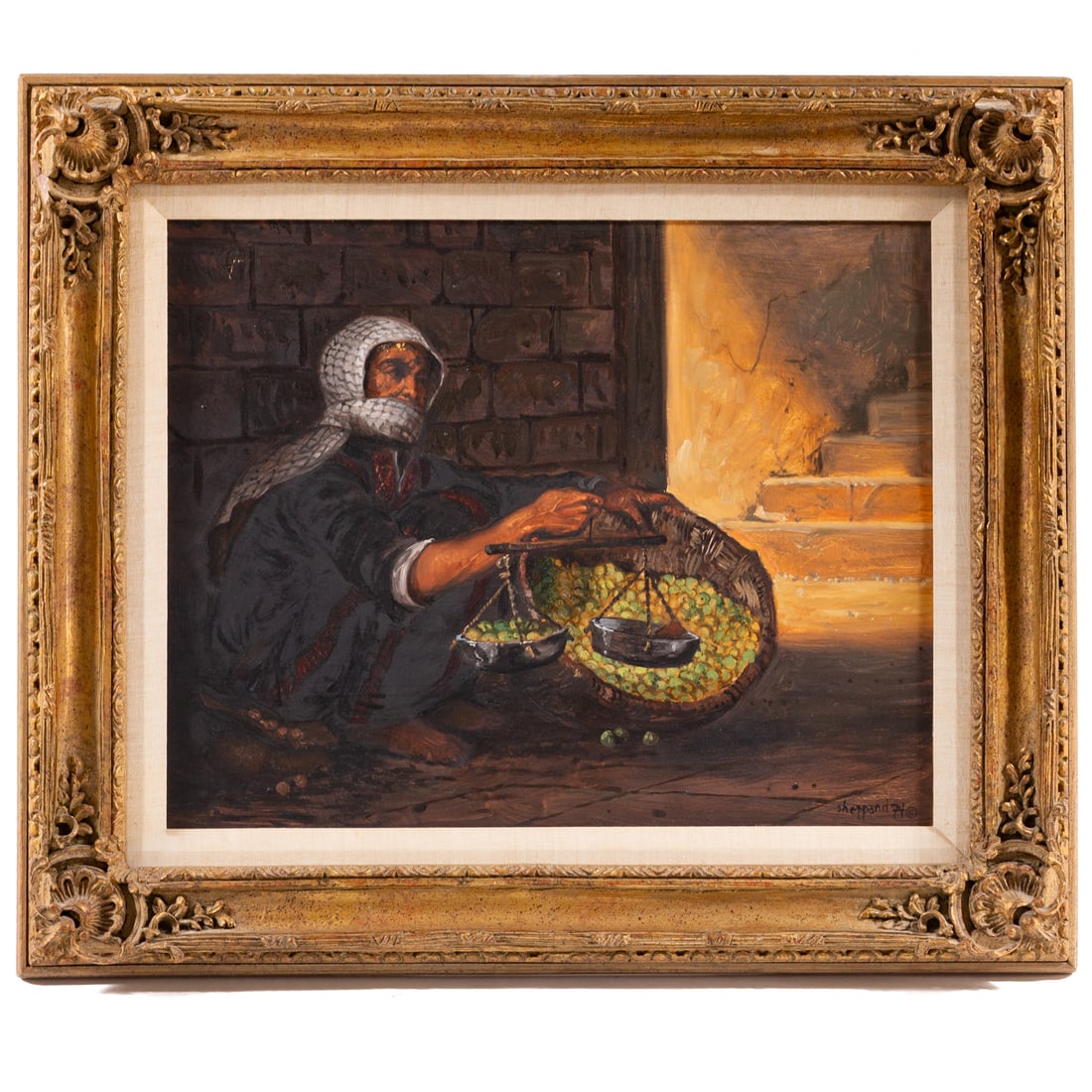 Joseph Sheppard. "Green Apples," oil: (American, b. 1930) Oil on board, 1974, signed and dated "Sheppard" lr, titled on verso, sight size: 15 1/2 x 19 1/2 in., framed size: 23 x 26 1/2 in. Provenance: From a private collection,