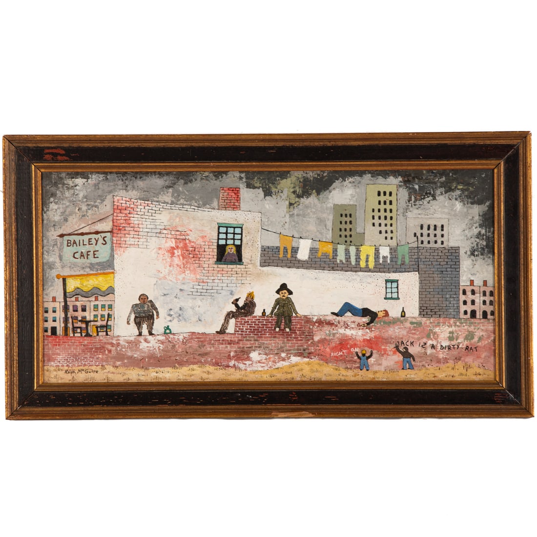 Ralph McGuire. "Bailey's Cafe," mixed media: (American, 1917-2006) Mixed media on masonite, signed "Ralph McGuire" ll, sight size: 12 x 25 in., framed size: 15 3/4 x 29 in. Provenance: From a private collection, Baltimore, MD