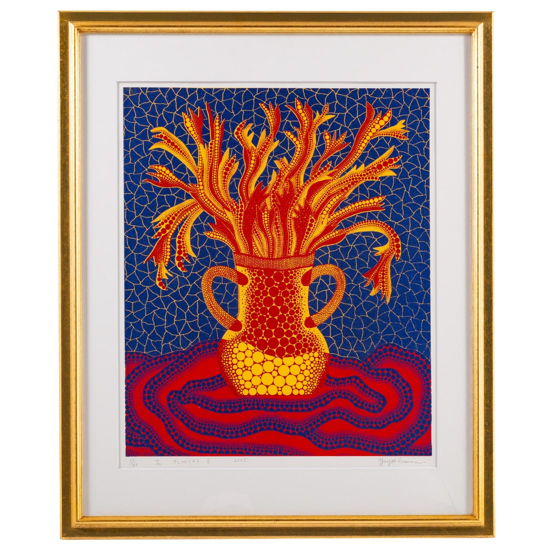 Yayoi Kusama. "Flowers B," screenprint: (Japanese, b.1929) Screenprint in colors, five screens, four colors, six runs, 2005, (ED 347), ed. 37/50, pencil signed "Yayoi Kusama" lr, titled lc, image size: 24 x 20 in., framed size: 34 1/2 x 28