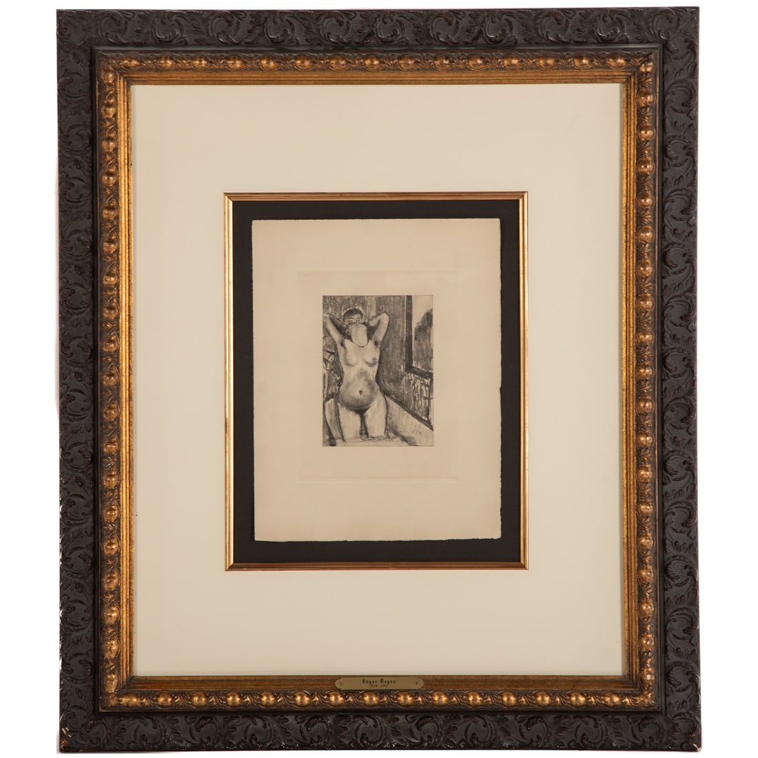 After Edgar Degas. Female Nude, etching: (French, 1834-1917) Etching from the 1935 book, "Mimes des courtisanes de Lucien" by Lucianus Samosatenus, printed by Ambroise Vollard, Paris, with illustrations by Edgar Degas, unsigned with COA on v