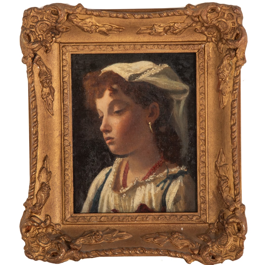 Continental School. Portrait of a Young Girl, oil: (Early 20th century) Oil on canvas, no visible signature, canvas size: 7 1/2 x 6 in., framed size: 11 1/4 x 9 1/4 in. Provenance: From the Estate of Drs. Ruth and John Singer, Baltimore, MD