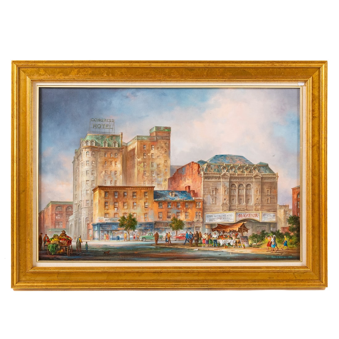 Melvin Miller. "The Mayfair Theatre," oil: (American, 1937-2007) Oil on canvas, signed and dated "Melvin O. Miller Jr., 1992" lr, 24 x 36 in., framed size: 31 x 43 in. Provenance: From a private collection