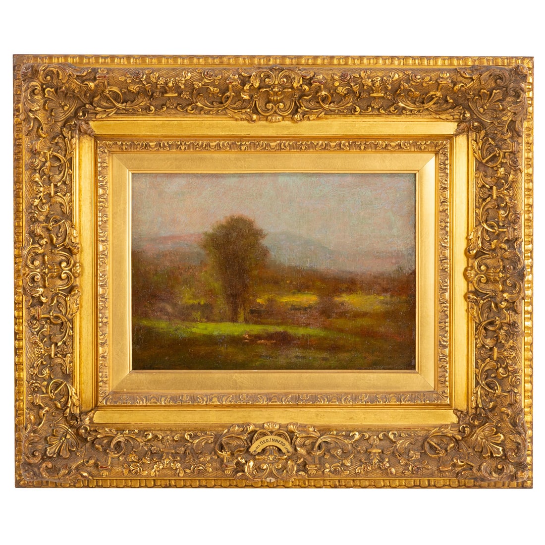 George Inness. Impressionist Meadowscape, oil: (American, 1825-1894) Oil on cradled panel, signed "G. Inness" ll, 9 1/4 x 13 in., framed size: 19 1/4 x 23 1/4 in. Provenance: From a private collection, Lutherville, MD