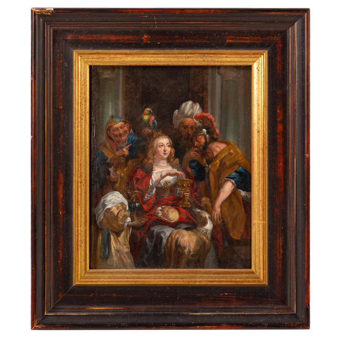 After Jacob Jordaens. "The Banquet of Cleopatra," oil: 19th century copy of the original in the Hermitage Museum, St. Petersburg, oil on panel, unsigned, 14 x 11 1/4 in., framed size: 20 1/2 x 18 in. Provenance: From a private Maryland collection