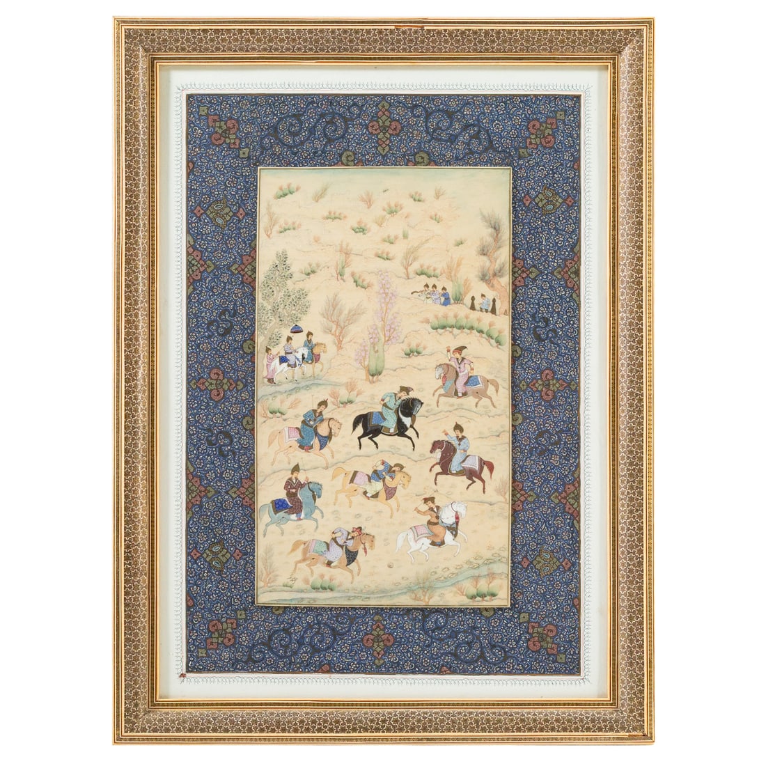 Mughal School. A Game of Sagol Kangjei (Polo), gouache: (19th/20th century) Gouache on panel, in an elaborate inlaid frame, sight size: 27 x 19 in., framed size: 31 x 23 in. Provenance: From a private Maryland collection