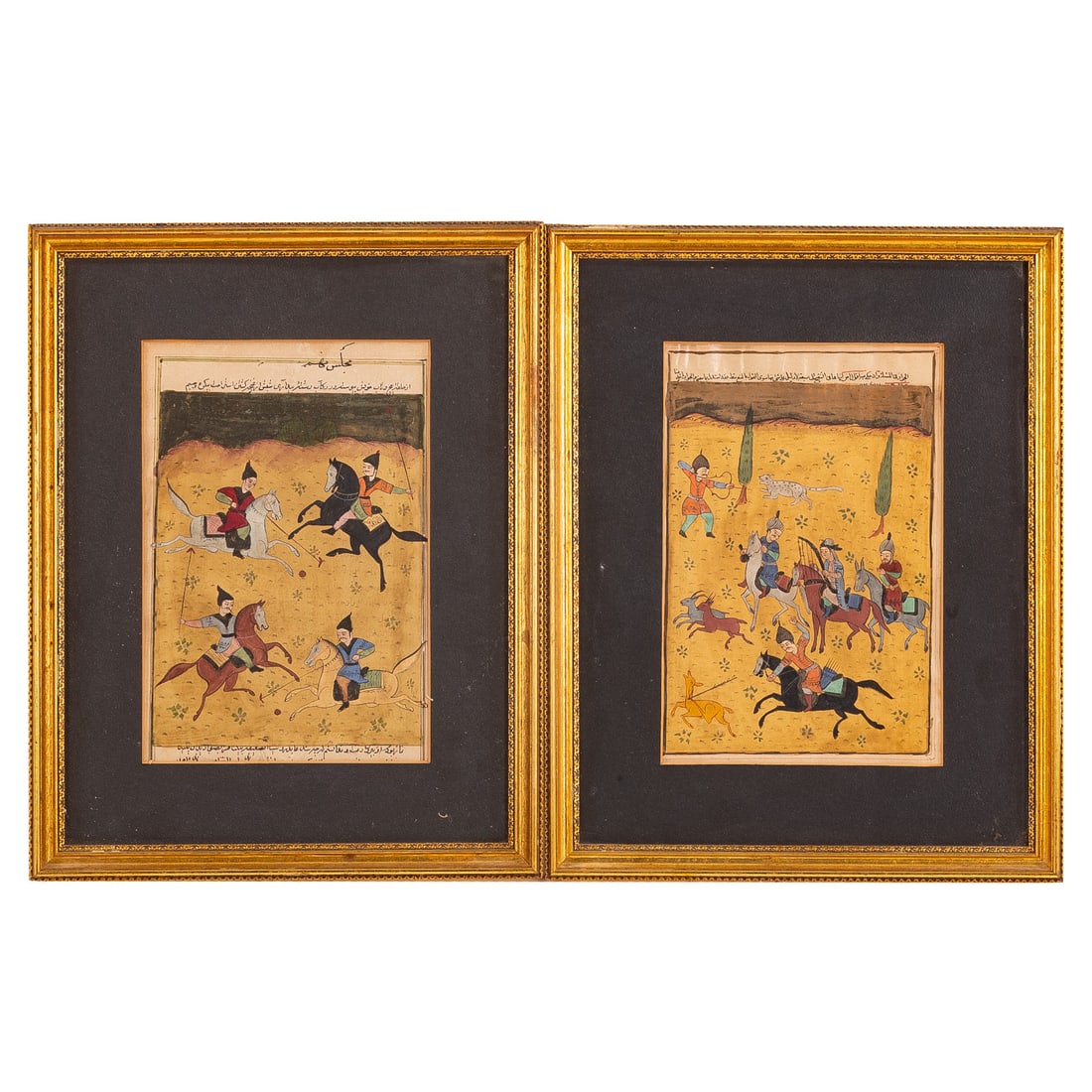 Mughal School, 19th c. A Pair of Illustrated Pages: One depicting a hunt scene, the other a game of Sagol Kangjei (Polo), sight sizes: 9 1/4 x 6 in., framed sizes: 14 1/4 x 11 1/2 in. Provenance: From a private Maryland collection