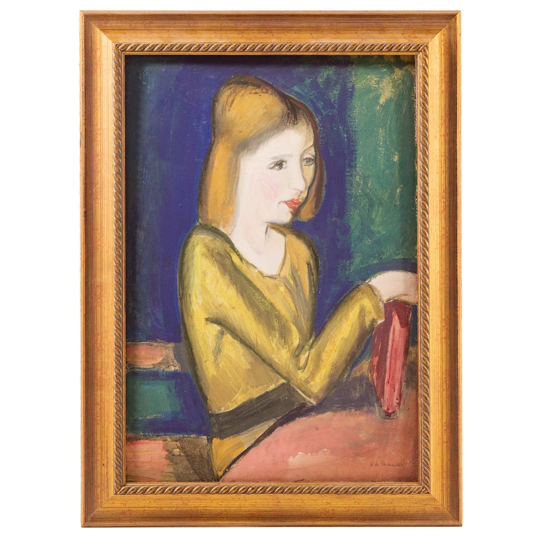 Alfred Henry Maurer. Seated Girl, oil: (American, 1868-1932) Oil on board, signed "A.H. Maurer" lr, unsigned Still Life with Flowers painted on verso, 26 1/4 x 18 in., framed size: 31 1/2 x 23 1/4 in. Provenance: From a private