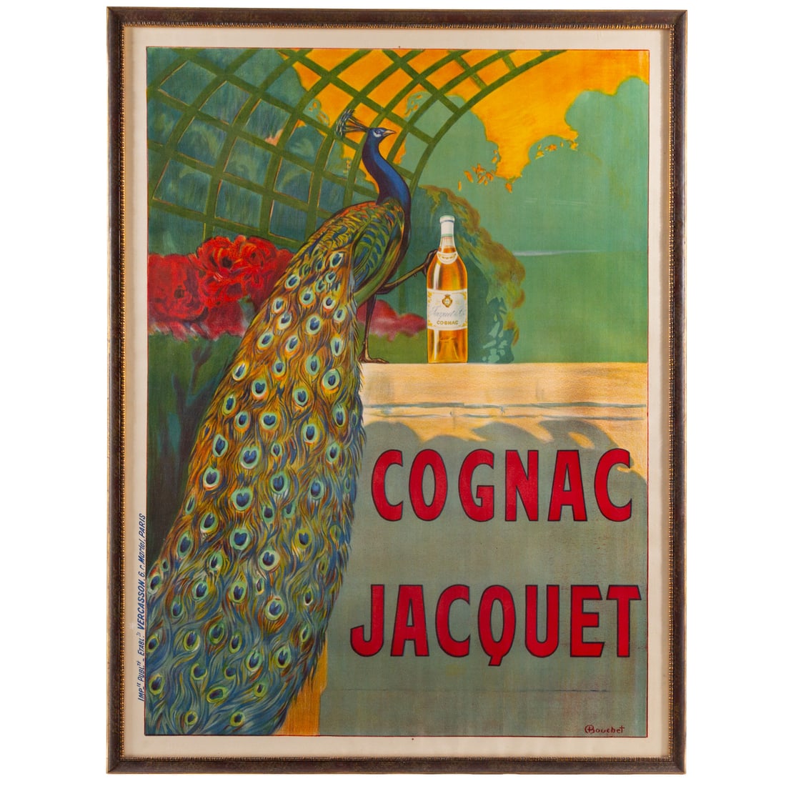 Camille Bouchet. "Cognac Jacquet," lithograph: (French, 1799-1890) Vintage lithographic advertising poster, print signed lr, sight size: 62 1/2 x 46 1/2 in., framed size: 65 1/2 x 49 1/2 in. Provenance: From a private Maryland collection