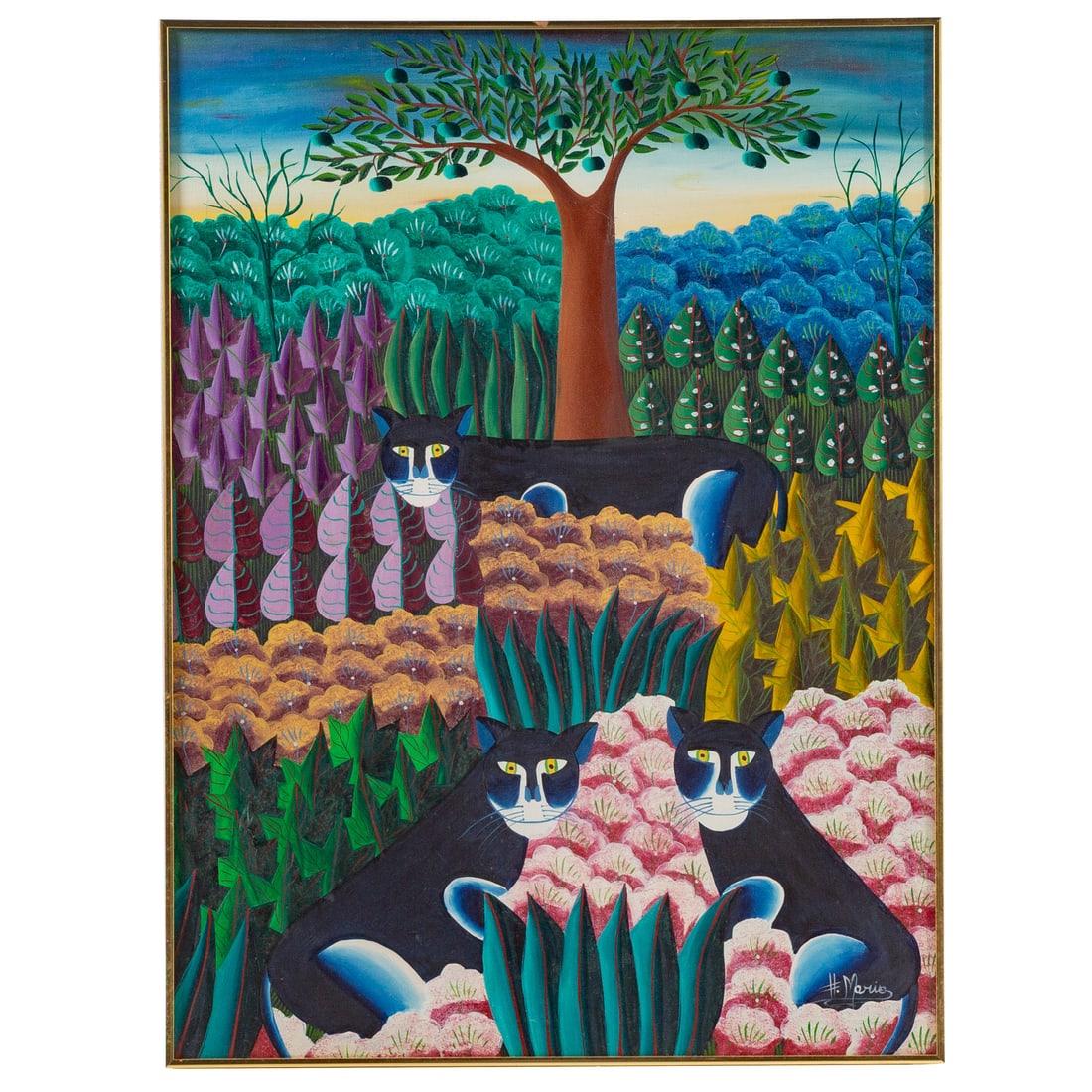 H. Mario. Panthers in the Jungle, acrylic: (Haitian, 20th century) Acrylic on canvas, signed "H. Mario" lr, 39 x 29 in., framed size: 39 1/4 x 29 1/4 in. Provenance: From a private Maryland collection