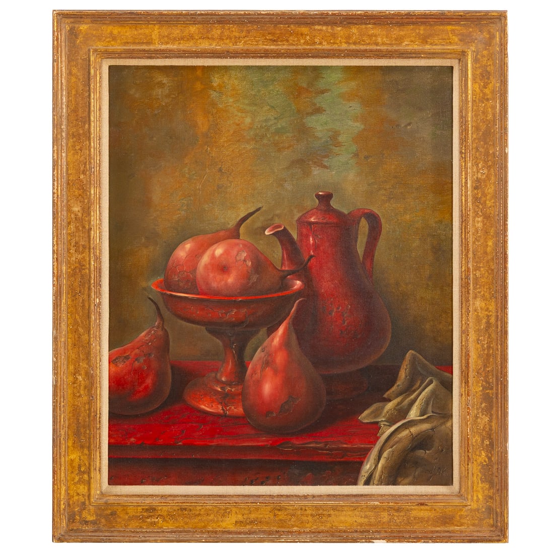 Samuel Bak. "Red Silence," oil: (Polish/Israeli, b. 1933) Oil on canvas, signed "Bak" lr, additional information affixed on verso, 18 1/4 x 15 in., framed size: 22 1/4 x 19 in. Provenance: Acquired Pucker/Safrai Gallery, gallery