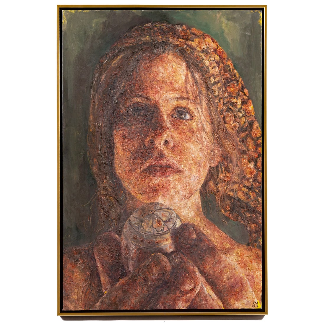 Kate McCannon. Portrait of Lani Irwin, oil: (American, 20th/21st century) Oil on canvas, initialed and dated "K.M., 2016" lr, signed and sitter identified on verso, 41 3/4 x 27 1/2 in., framed size: 43 1/2 x 29 1/2 in. Provenance: From the