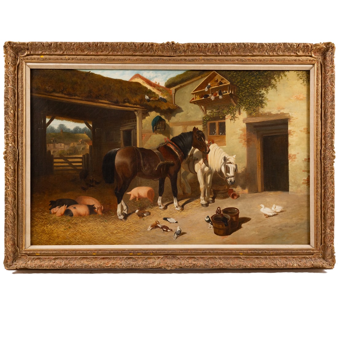John Frederick Herring, Jr. Farmyard Scene, oil: (British, 1815-1907) Oil on canvas, signed and dated "J.F. Herring, 1885" ll, 30 1/2 x 48 in., framed size: 38 1/2 x 55 3/4 in. Provenance: From a private Maryland collection, sold in September 2005 a