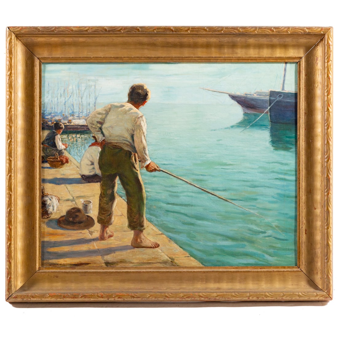 Witkowski. Boys Fishing Off a Pier, oil: (American, late 19th/early 20th century) Oil on canvas, signed "Witkowski" ll, 24 x 30 in., framed size: 31 1/2 x 37 1/2 in. Provenance: From a private Maryland collection