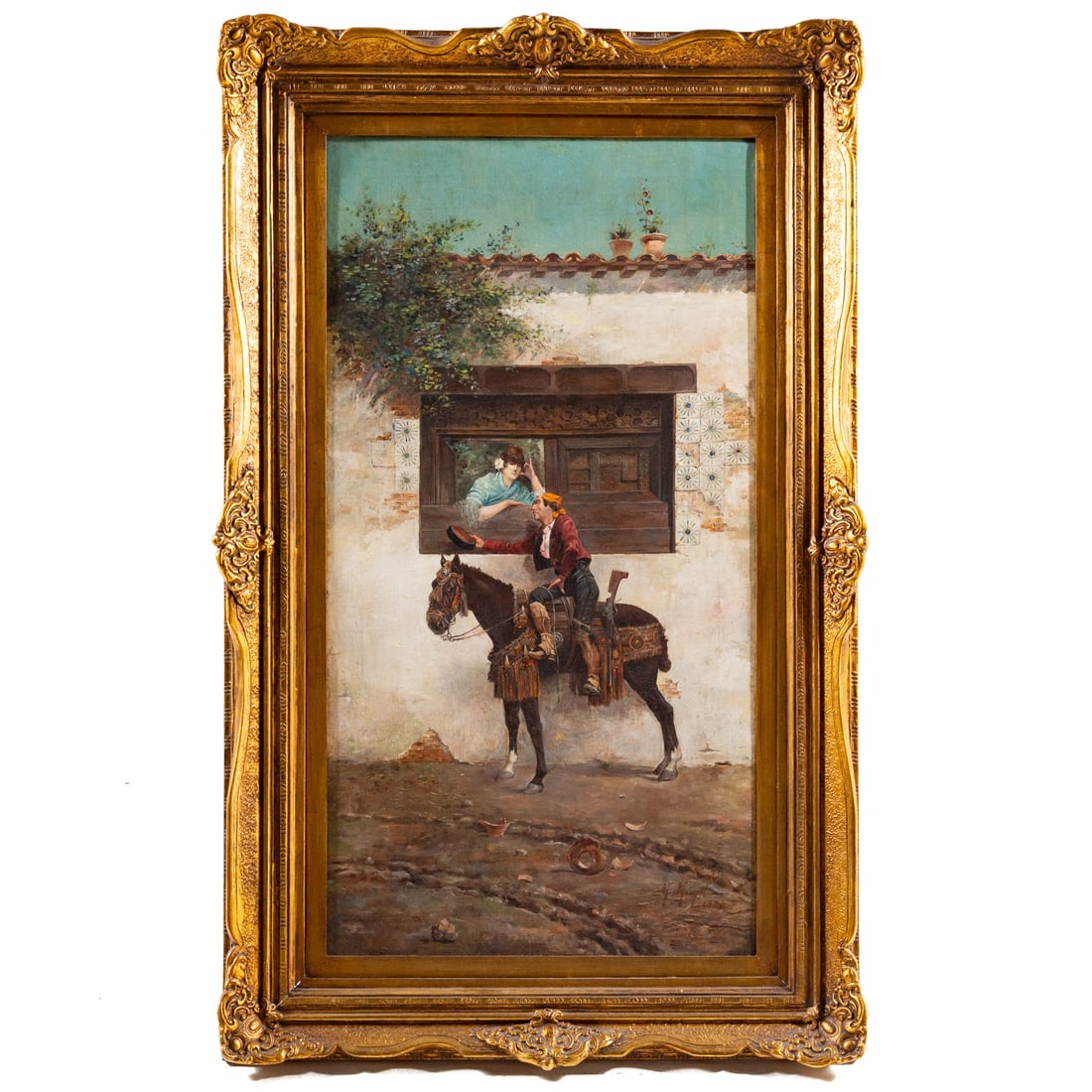 Manuel Mayol. The Lover's Farewell, oil: (Spanish, 1865-1929) Oil on canvas, signed and dated "M. Mayol, 1880" lr, 37 3/4 x 19 3/4 in., framed size: 47 x 29 in. Provenance: From a private Maryland collection