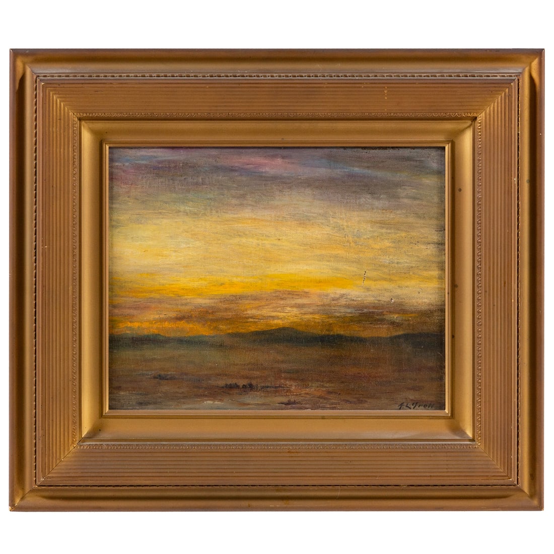 Albert Lorey Groll. Arizona Sunset, oil: (American, 1866-1952) Oil on canvas board, signed "A.L. Groll" lr, signed on verso, 11 x 14 in., framed size: 18 1/2 x 21 1/2 in. Provenance: From a private Maryland collection, 2010 Potomack Co. Auct