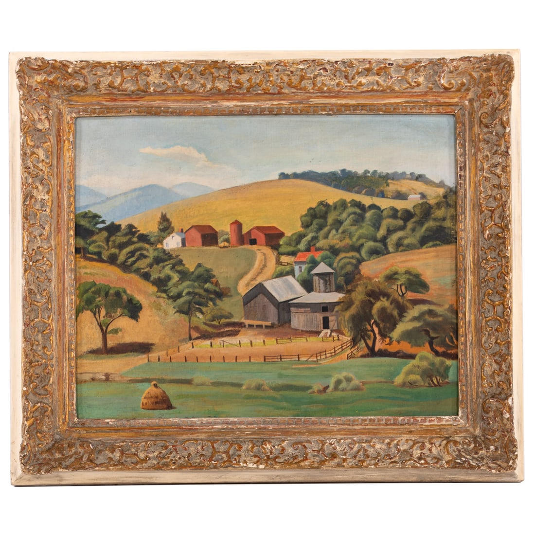 Edward Bright Bruce. "Virginia Farm," oil: (American, 1879-1943) Oil on canvas board, unsigned, attribution on Whitney Museum and Dayton Art Institute exhibition labels on verso, 16 x 20 in., framed size: 22 x 26 in. Provenance: From a private