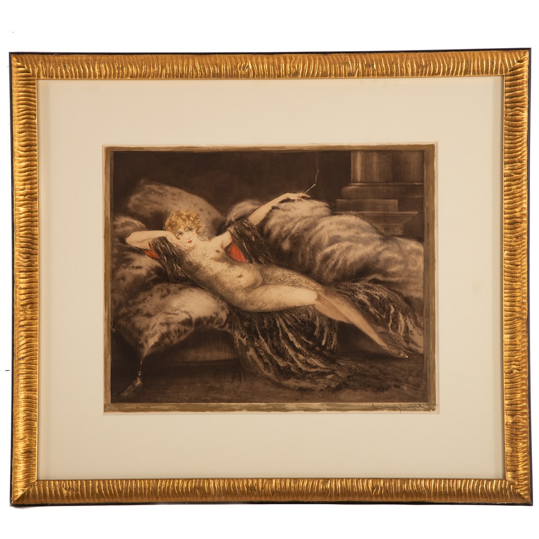 Louis Icart. "Golden Veil," etching & aquatint: (French, 1888-1950) Signed "Louis Icart" lr, blindstamp ll, sight size: 16 x 19 3/4 in., framed size: 26 1/2 x 30 1/2 in. Provenance: From a private collection, Baltimore, MD