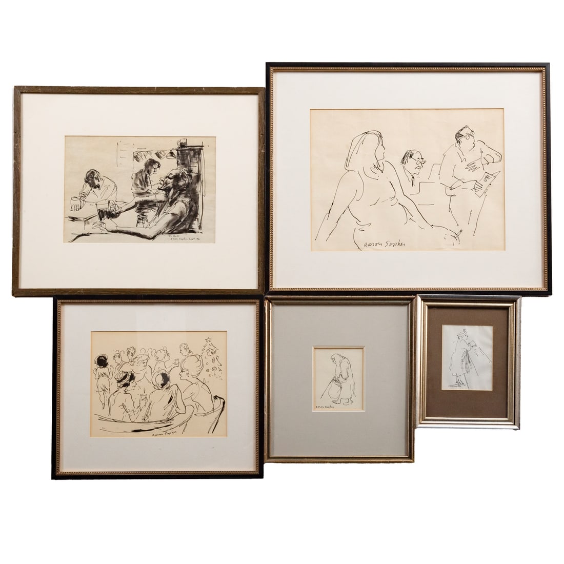 Aaron Sopher. Group of Drawings, ink: (American, 1905-1972) Five pen and ink on paper, all signed and framed, framed size of largest: 16 x 20 in. Provenance: From a private collection, Baltimore, MD