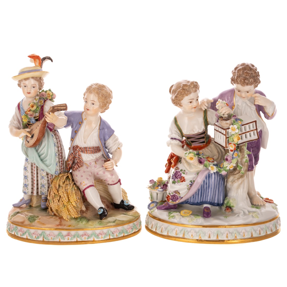 Two Meissen Figural Group From Seasons Series: Includes a Meissen porcelain figural group "Boy and Girl with Blackbird Cage" from the Seasons Series - Spring, after original by Johann Carl Schoenheit, blue crossed sword mark on bottom, 5 3/4 in.