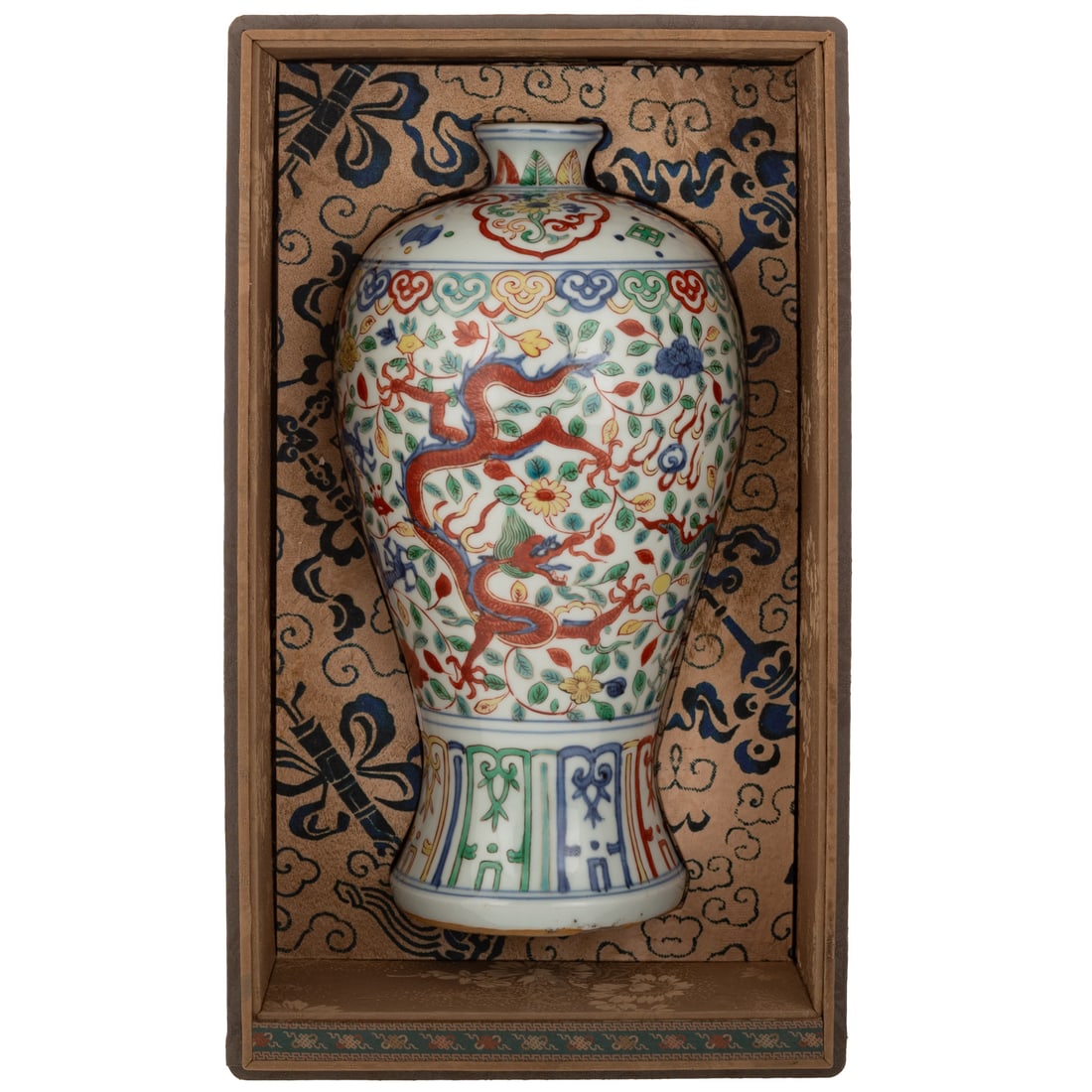 A Chinese Porcelain Wucai Style Dragon Vase: A Chinese porcelain Wucai style Meiping vase, a six-character reign mark on bottom, includes box, approx. 13 1/4 in. H, 6 3/4 in. Diam.
