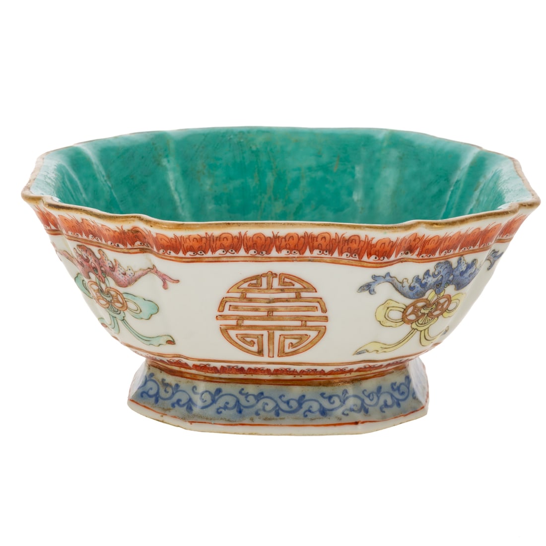 A Chinese Porcelain Footed Bowl: A porcelain Chinese footed bowl with turquoise interior and exterior depicting bats, coins, and Shou symbols, with iron red Tongzhi mark on bottom, 3 1/4 in. H, 7 in. Sq. Provenance: From the Estate