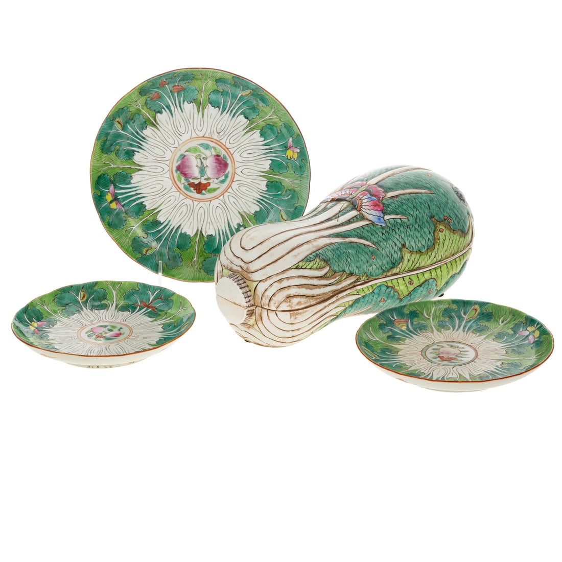 Bok Choy-Form Porcelain Lidded Vessel & Three Plates (1 of 11)