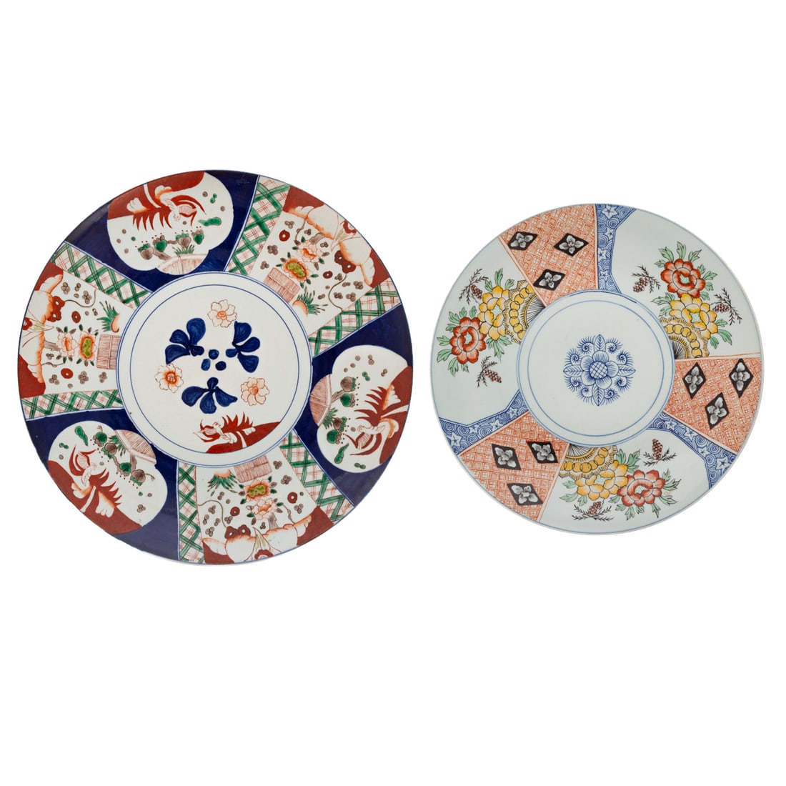 Two Japanese Porcelain Chargers: Includes a Japanese porcelain charger depicting floral motifs, four-character mark on bottom, 2 1/4 in. H, 16 3/4 in. Diam.; and a Japanese porcelain Imari charger depicting bird and floral motifs,