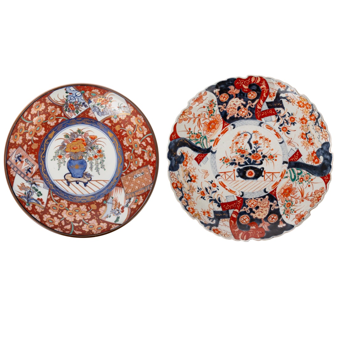 Two Japanese Porcelain Chargers: Includes a Japanese Imari porcelain charger with central Ikebana arrangement, dragon, flower and books with flowers, architectural elements, and gilt accents, with imitation Chinese Chenghua mark on b