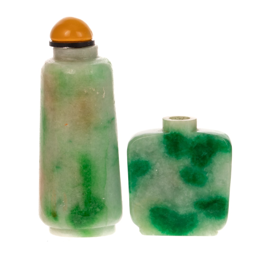 Two Jade Snuff Bottles: Includes a Chinese jade cylindrical snuff bottle with hardstone stopper, 3 1/4 in. H, approx. 1 1/4 in. Diam.; and a Chinese jade snuff bottle, 1 3/4 in. H, approx. 1 3/4 in. W, 1/2 in. D