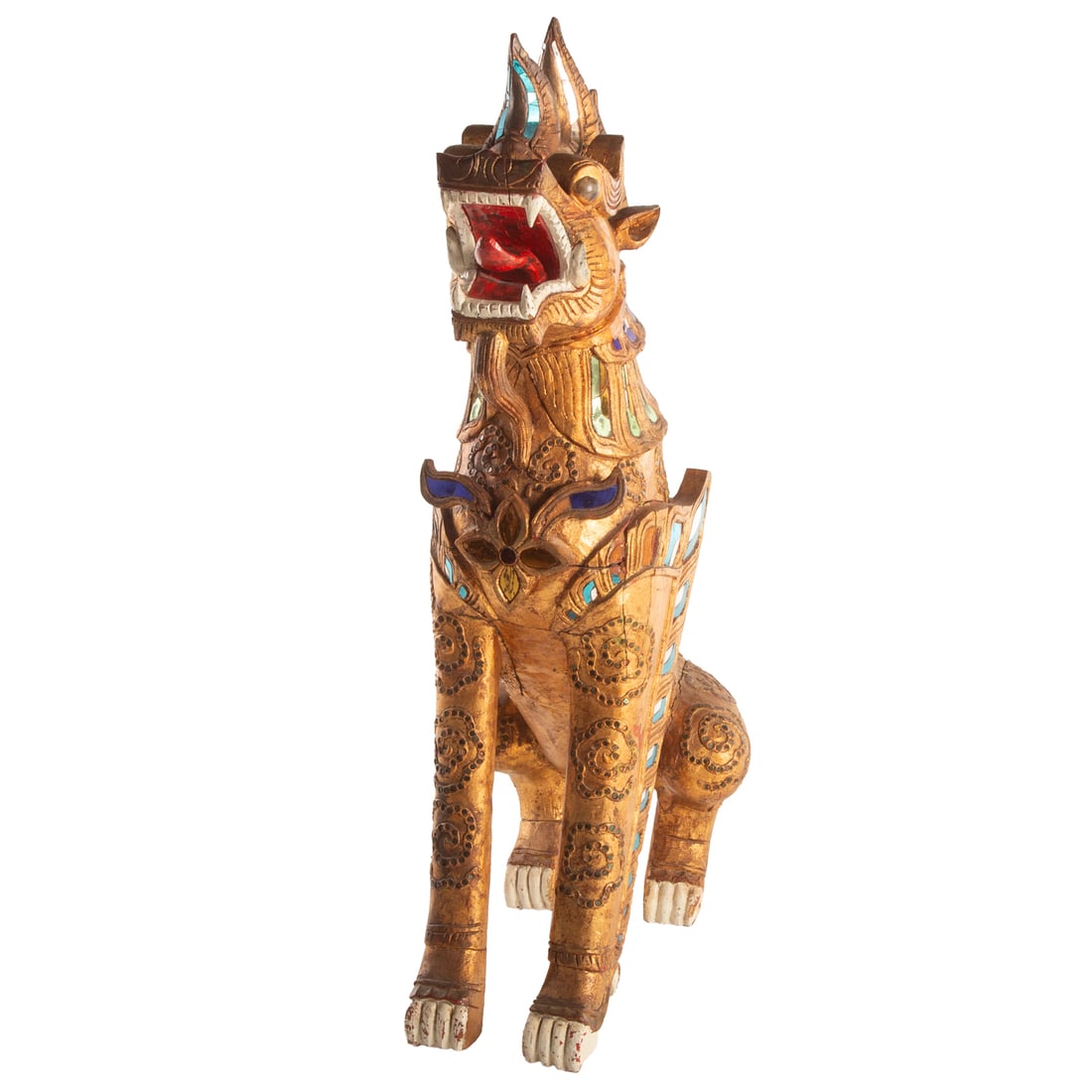 A Large Burmese Temple Guardian Chinthe: A giltwood Burmese temple guardian Chinthe with inlay tesserae and glass eyes, 47 3/4 in. H, approx. 15 1/4 in. W, approx. 29 3/4 in. D