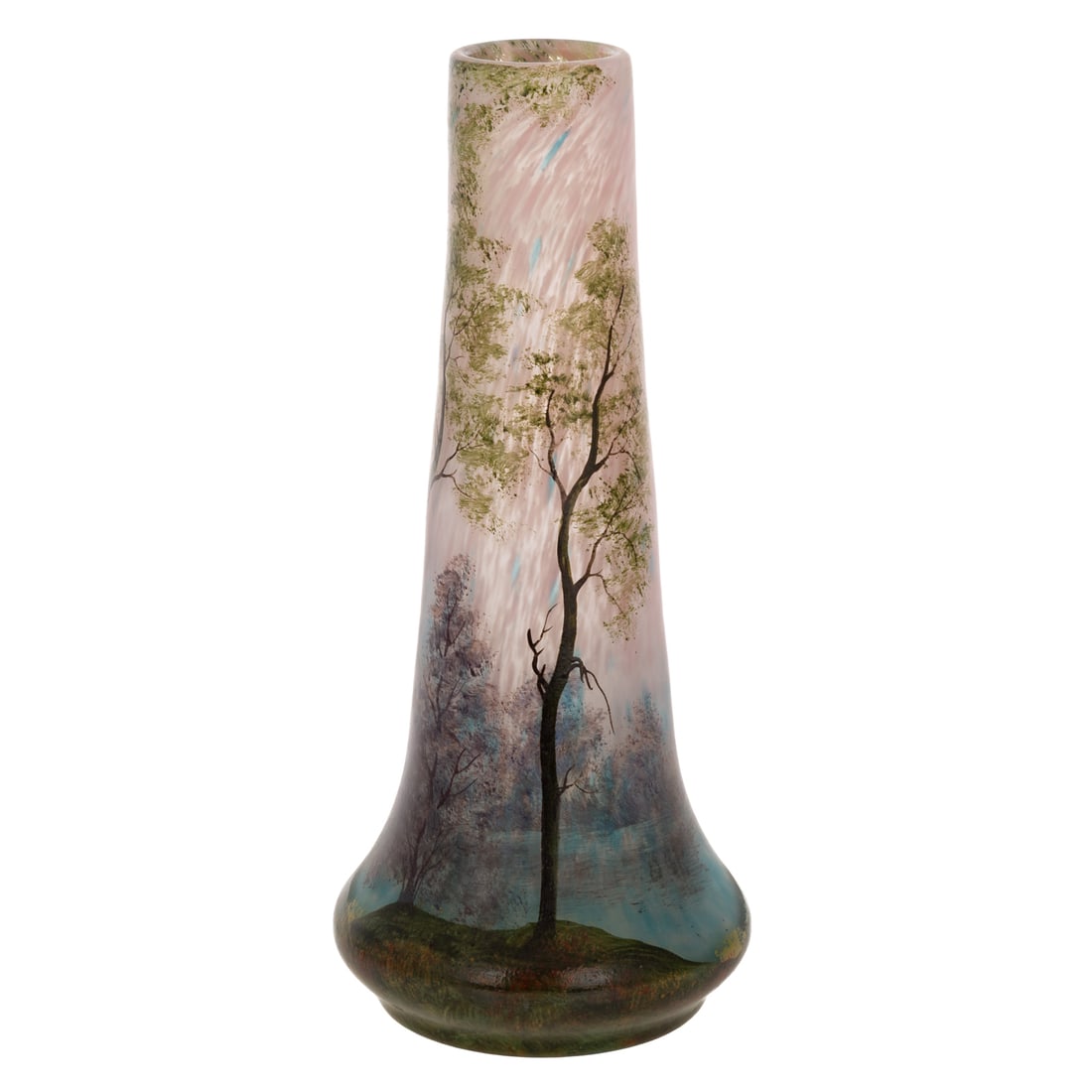 A Francois-Theodore Legras Vase: Francois-Theodore Legras (France, 1839-1916) Hand painted enamel on cameo glass vase depicting an outdoor landscape, signed "Legras," 13 3/4 in. H, 6 1/2 in. Diam.