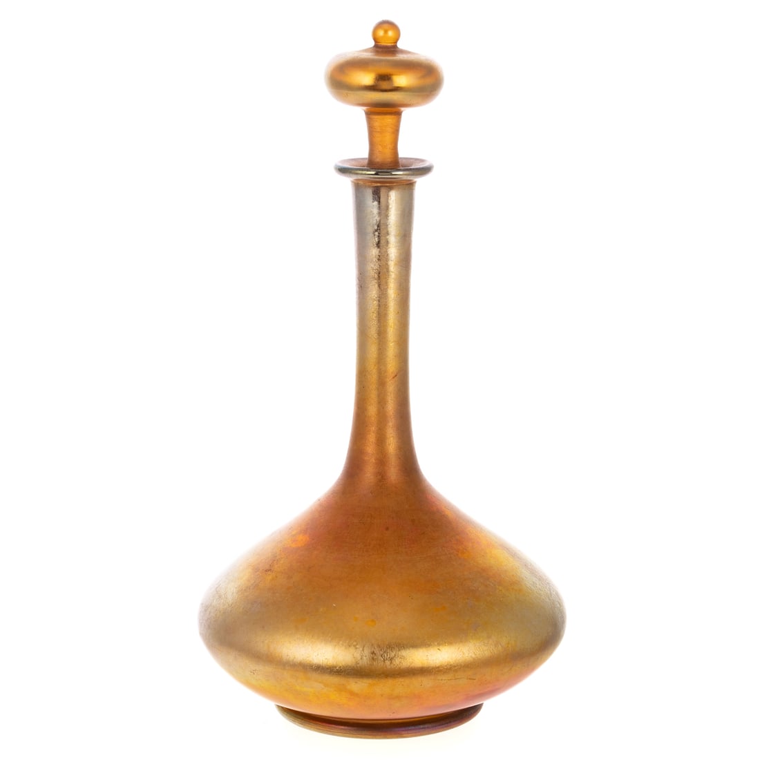 A Tiffany Favrille Decanter: A gold iridescent Tiffany Favrille decanter with stopper, signed," L.C. Tiffany, Favrille, 899," also marked "899" on stopper, 9 3/4 in. H, 5 1/4 in. Diam.