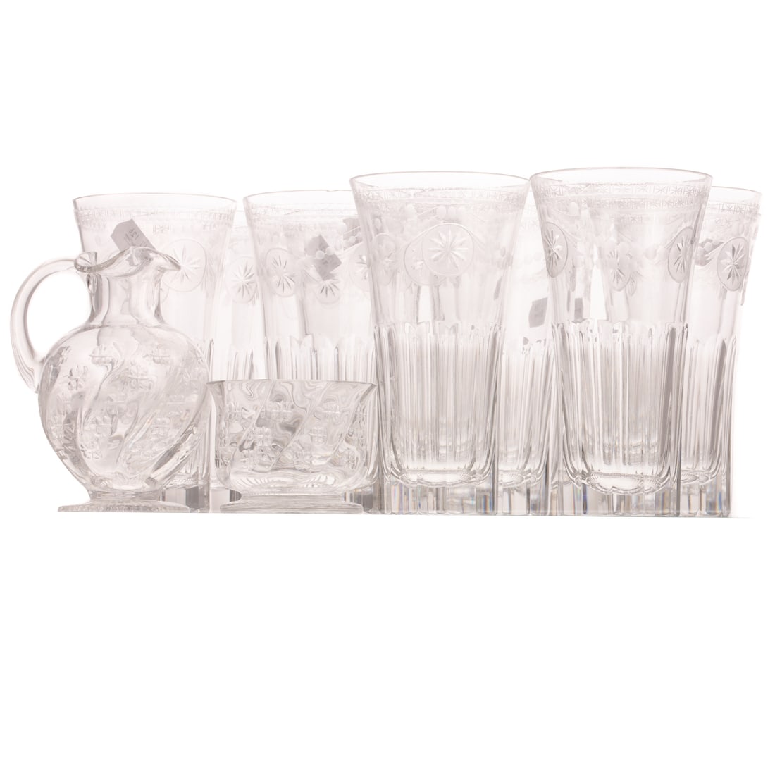 12 William Yeoward "Pearl" Highball Tumblers & Cruet & Dish: Includes a set of 12 William Yeoward "Pearl" highball tumblers, 6 3/4 in. H; a William Yeoward cruet, 5 1/2 in. H, 4 1/4 in. L; and dish, 2 1/2 in. H, approx. 3 1/2 in. Diam. All marked on the bottom