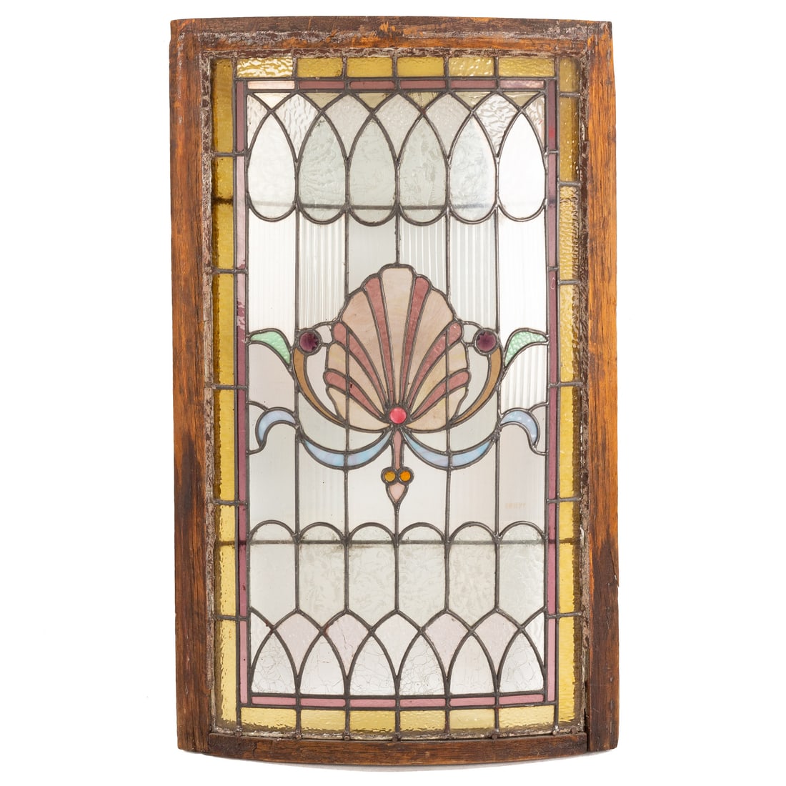 A Stained Glass Bowed Window: A leaded stained glass bowed window depicting a central shell motif, in wood window frame, 41 1/2 in. H, 24 3/4 in. W, approx. 3 1/2 in. D