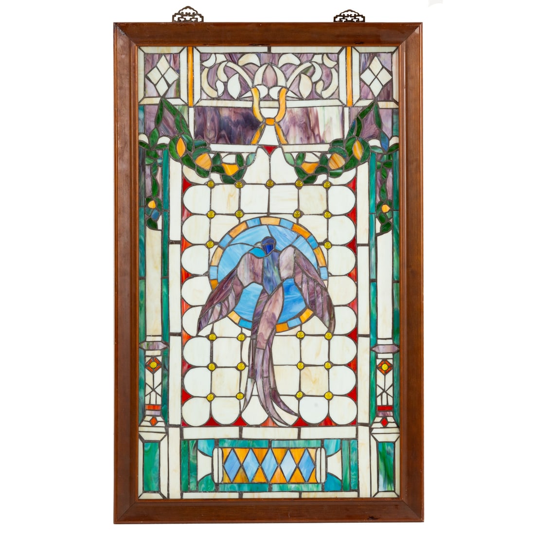 A Leaded Stained Glass Panel: 20th century, a leaded stained glass panel depicting a central bird image with decorative jewels, with hanging hardware at top, unsigned, framed, framed size: 37 1/4 x 23 in.