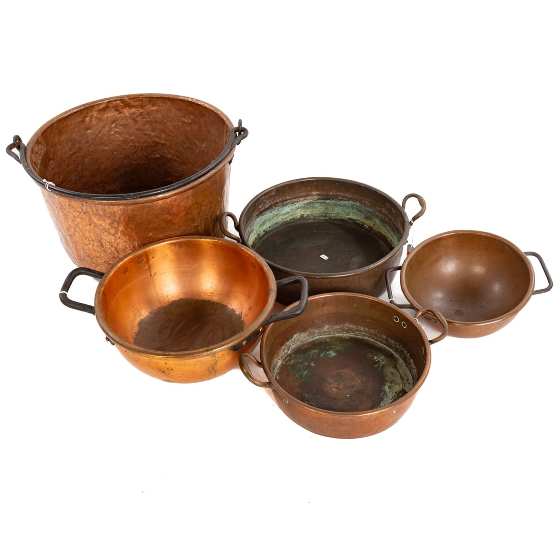 Six Assorted Copper Pots & a Benham & Froud Copper: Includes an English Benham & Froud copper double handle pot, marked on bottom, 6 in. H, 20 1/2 in. W; a copper double handle, unmarked (possibly Benham & Froud), 7 3/4 in. H, 23 1/4 in. W; a large