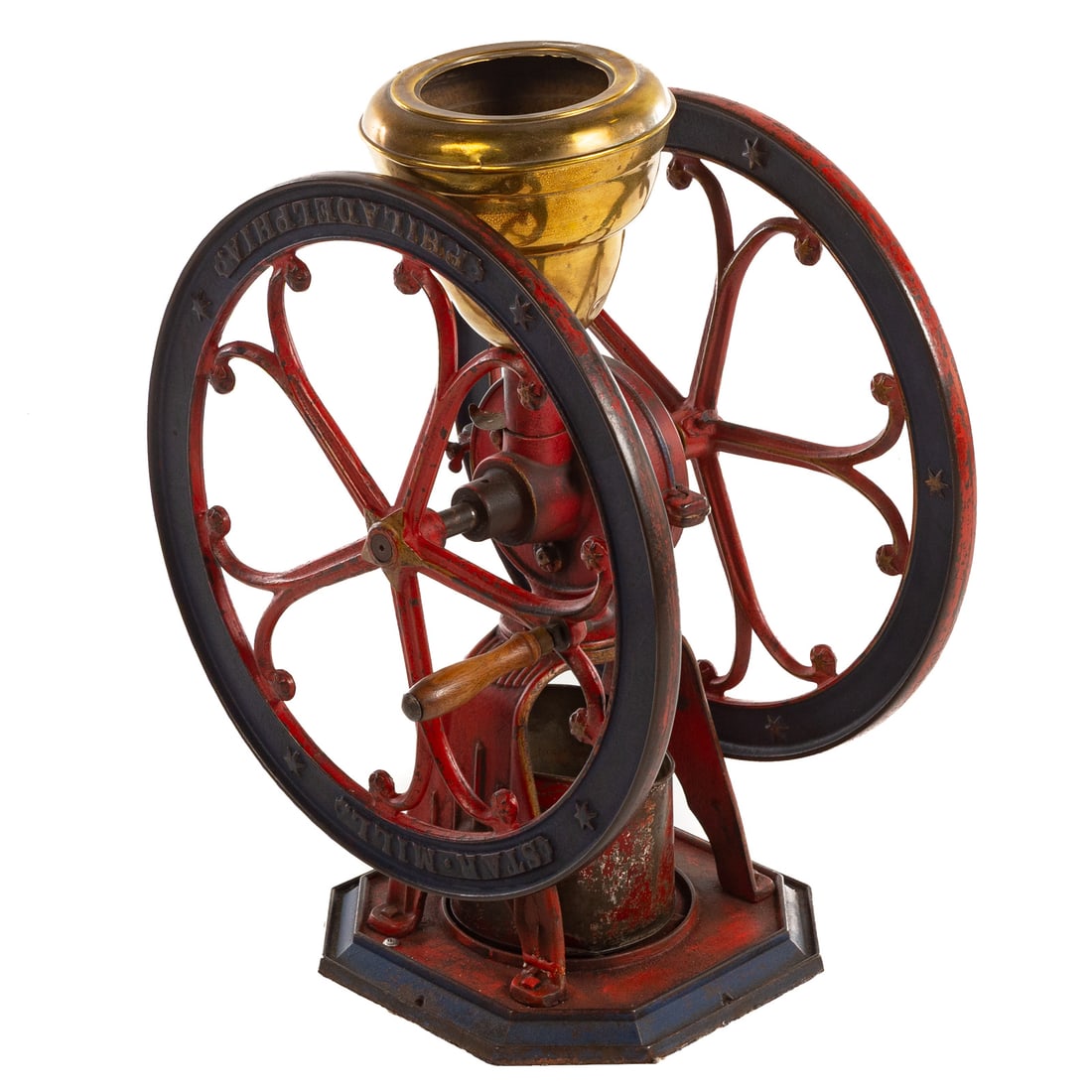 A Star Mill No. 10 Coffee Grinder: (Pennsylvania, late 19th/early 20th century) A red and black cast iron Star Mill industrial large countertop coffee grinder manufactured by Star Mill Company, approx. 30 1/4 in. H, 15 in. W, 22 1/2