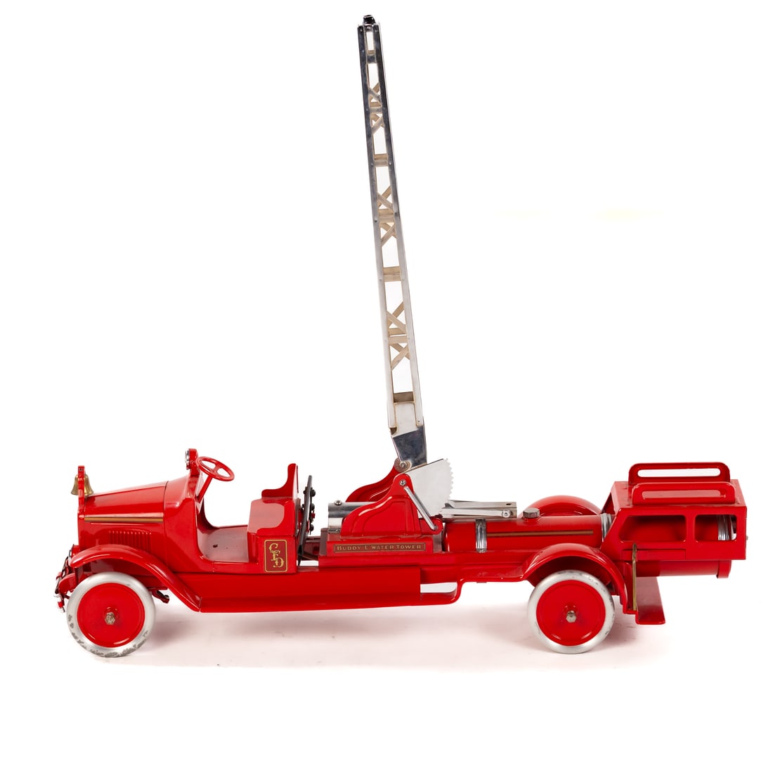 A Buddy L Water Tower Truck: A pressed steel Buddy L "Water Tower" with nickel ladder, chrome accessories, and brass bell, 31 1/2 in. H, 34 1/2 in. L, approx. 9 in. W Provenance: From the Estate of James Plumer, Baltimore, MD.