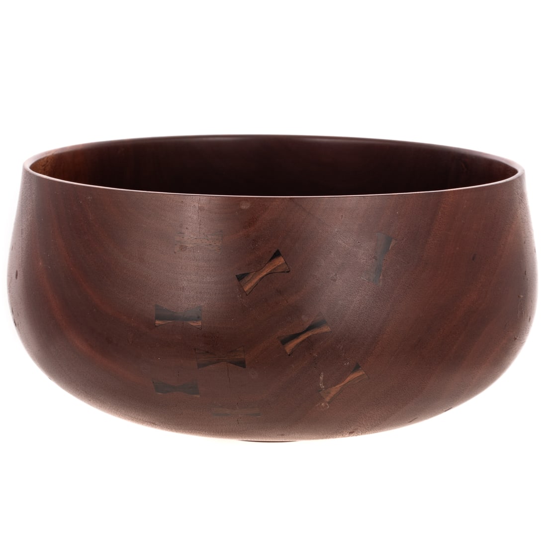 A Michael Lee Hawaii Carved Kamani Wood Bowl: A Hawaiian Kamani carved wooden bowl with inlay bow ties, signed and dated 2009 on the bottom, 6 in. H, 12 in. Diam.