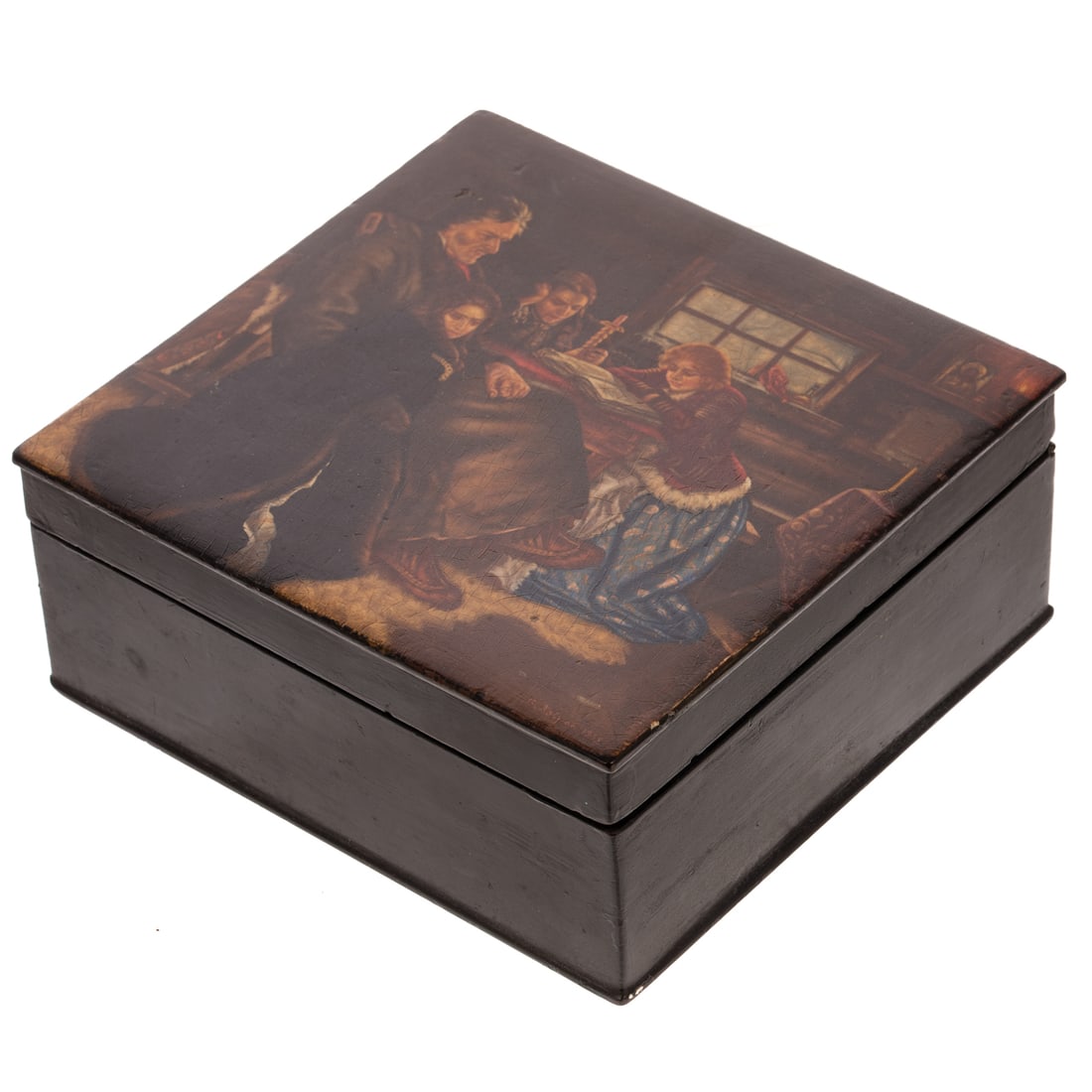 1938 Vasiliy Ivanovich Lavrov Russian Lacquer Box: (Russia, early 20th century) A Russian lacquer box by Vasiliy Ivanovich Lavrov of Fedoskino depicting "Menshikou and Family in Exile," includes original reciept and information about V. Lavroy,