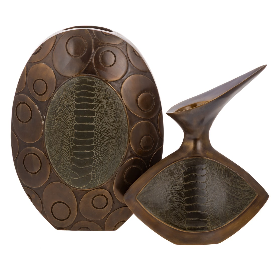Two R&Y Augousti Paris Vases: Includes an oval R&Y Augousti Paris vase with bronze finished brass and green central embossed leather circle insert on either side, marked on bottom, approx. 11 1/2 in. H, 8 1/2 in. W, 3 3/4 in. D;