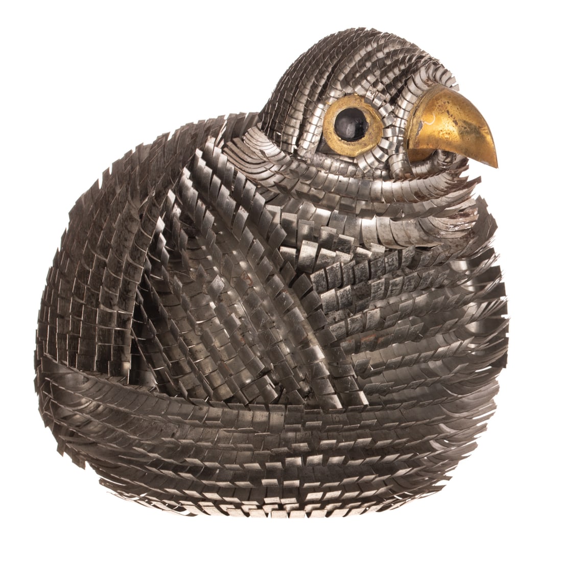 Alexander Blazquez Mixed Metal Bird Sculpture: Alexander Blazquez (Mexican, 20th century) A mixed metal bird with layered strips resembling feathers in a rounded compacted form with gold tone brass beak, unsigned, 6 1/2 in. H, approx. 7 3/4 in.