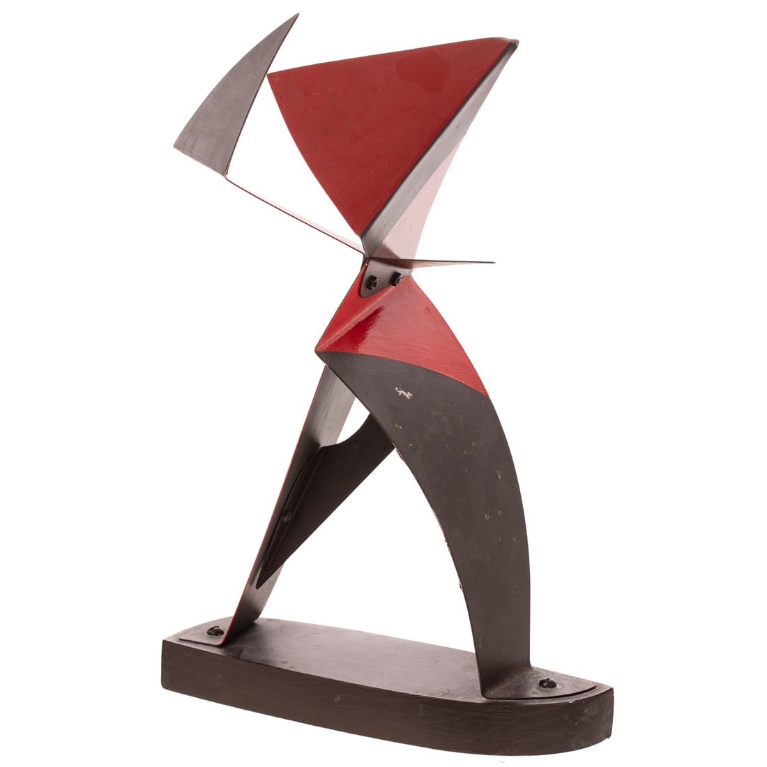 Philippe Mougne. "Criss-Cross," metal sculpture: (Washington D.C.) A contemporary painted sheet metal "Criss-Cross" sculpture by Postwar artist and sculptor Philippe Mougne, attached to wooden base, signed "P.M," approx. 14 in. H, 9 in. L, approx.