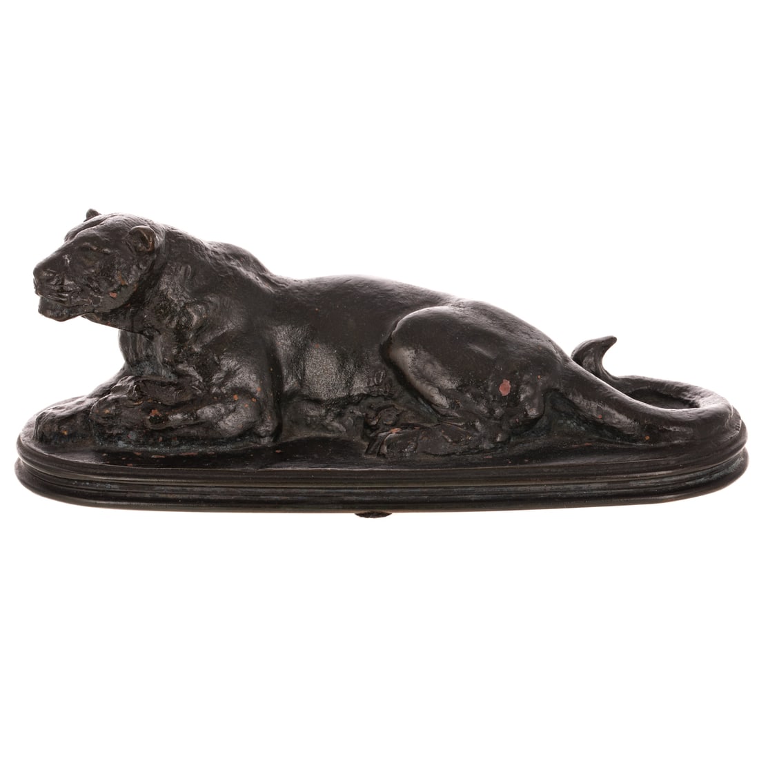 Antoine-Louis Barye. Panthere Couchee, bronze: (French, 1795-1875) A bronze Antoine-Louis Barye "Panthere Couchee," signed "Barye" and F. Barbedienne foundry mark on the base, 2 7/8 in. H, 7 1/4 in. W, 2 3/4 in. D Provenance: From a Baltimore, MD